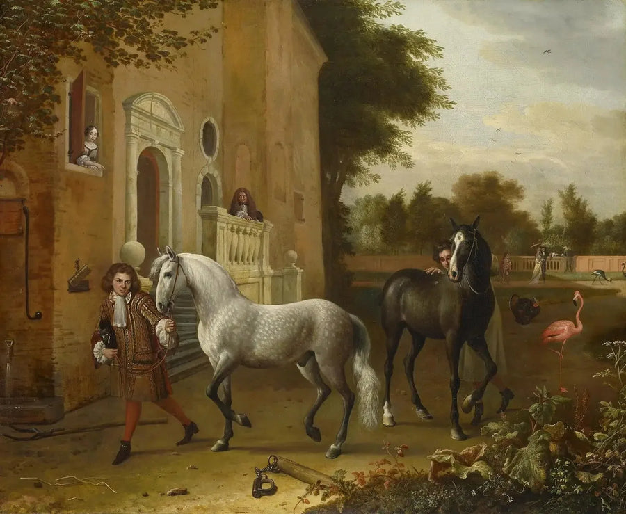 Aprendices de caballería con caballos, un gris y un castaño oscuro, en el castillo de Nijenrode - Melchior de Hondecoeter