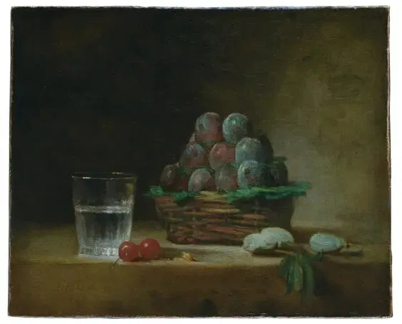 Cesta de ciruelas, vaso de agua, cerezas - Jean Simeón Chardin