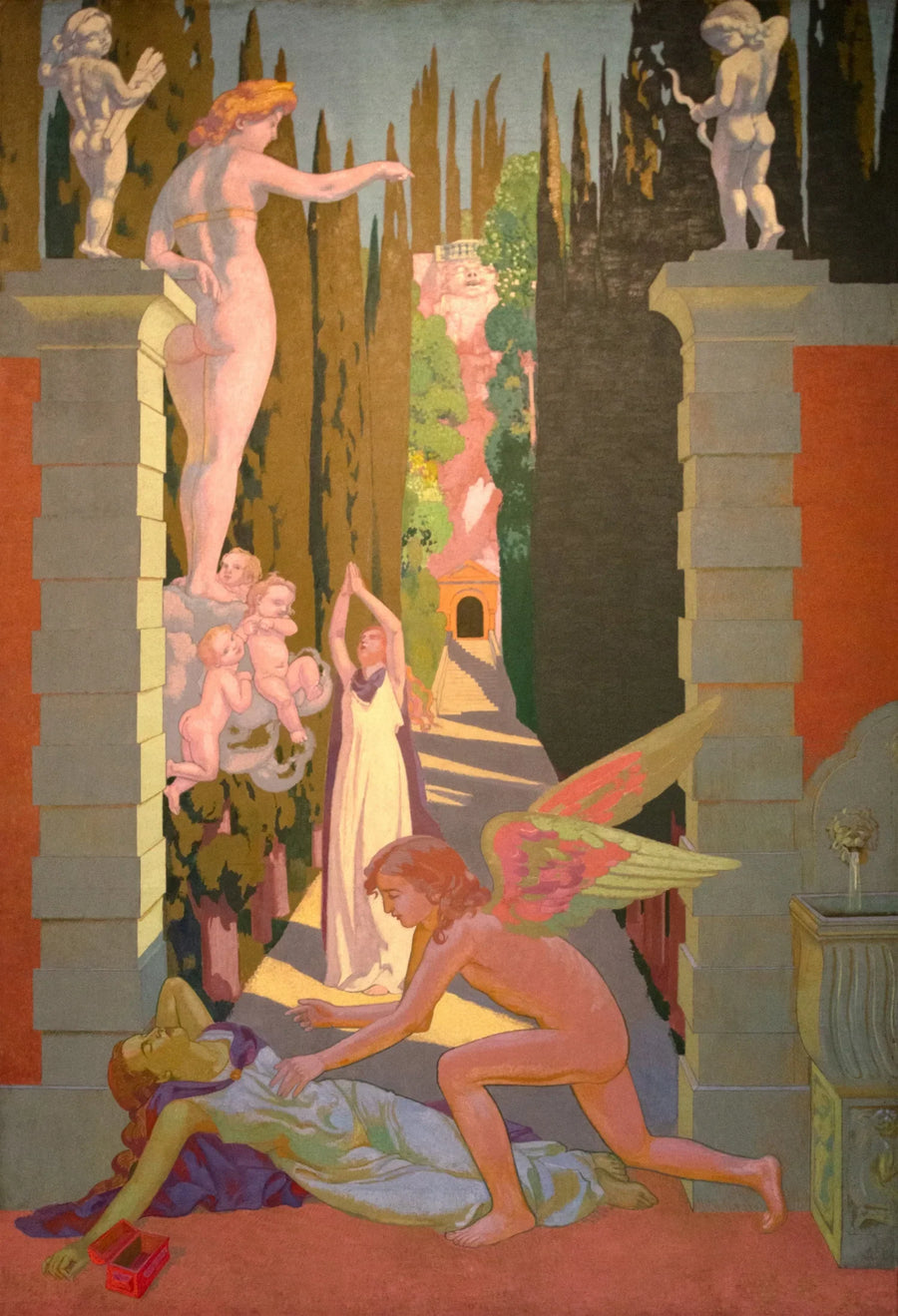 Panel IV. Sometida por Venus a las pruebas más duras, Psique, por su mala suerte, cede por segunda vez a la curiosidad: en esta situación, es socorrida por el Amor - Maurice Denis