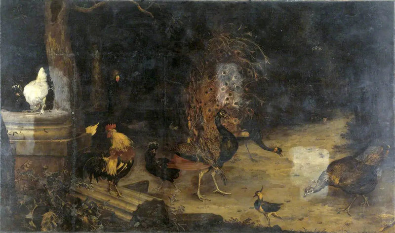 Pavo real y gallinas en un bosque - Melchior de Hondecoeter