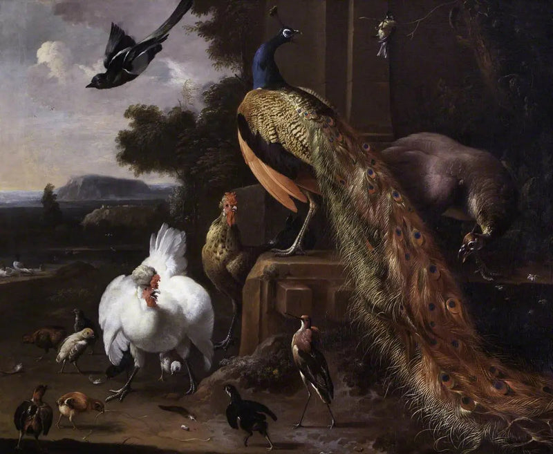 Pavos y aves de corral con un mirlo en un paisaje - Melchior de Hondecoeter