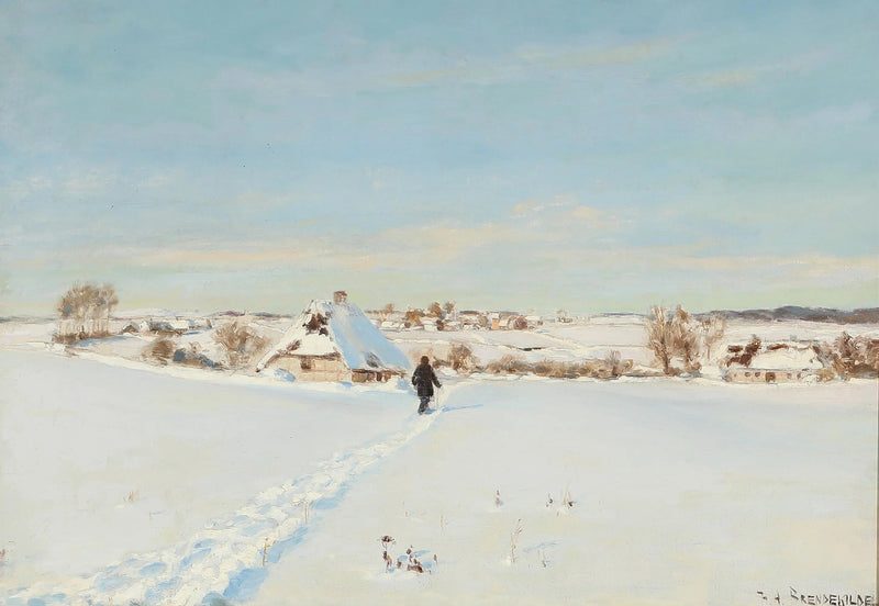 Por un hermoso día de invierno, un hombre camina hacia una granja. - H. A. Brendekilde