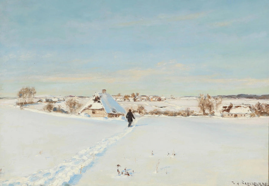 Por un hermoso día de invierno, un hombre camina hacia una granja. - H. A. Brendekilde