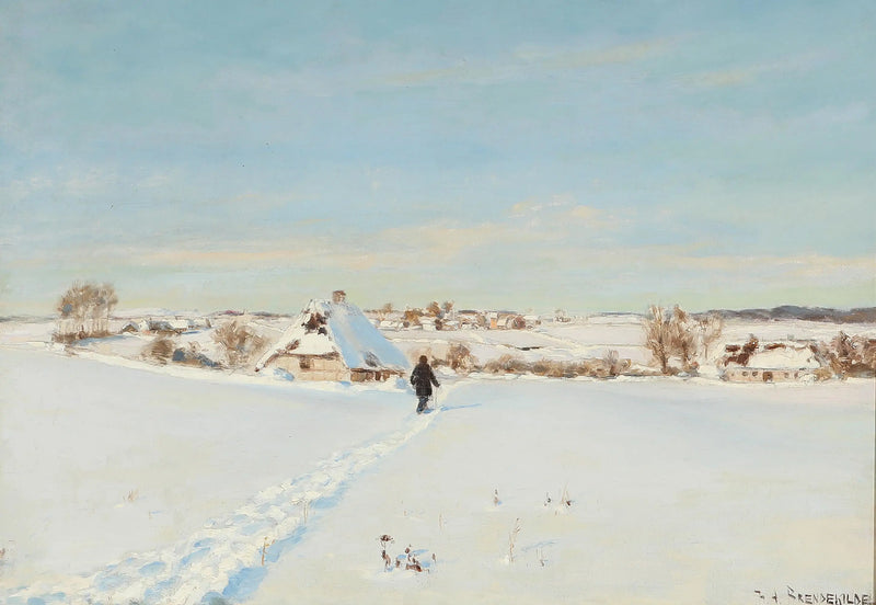 Por un hermoso día de invierno, un hombre camina hacia una granja. - H. A. Brendekilde