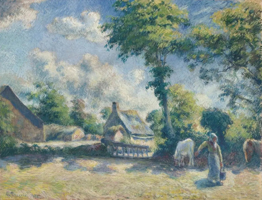 Paisaje en Melleray, mujer dando de beber a caballos - Camille Pissarro