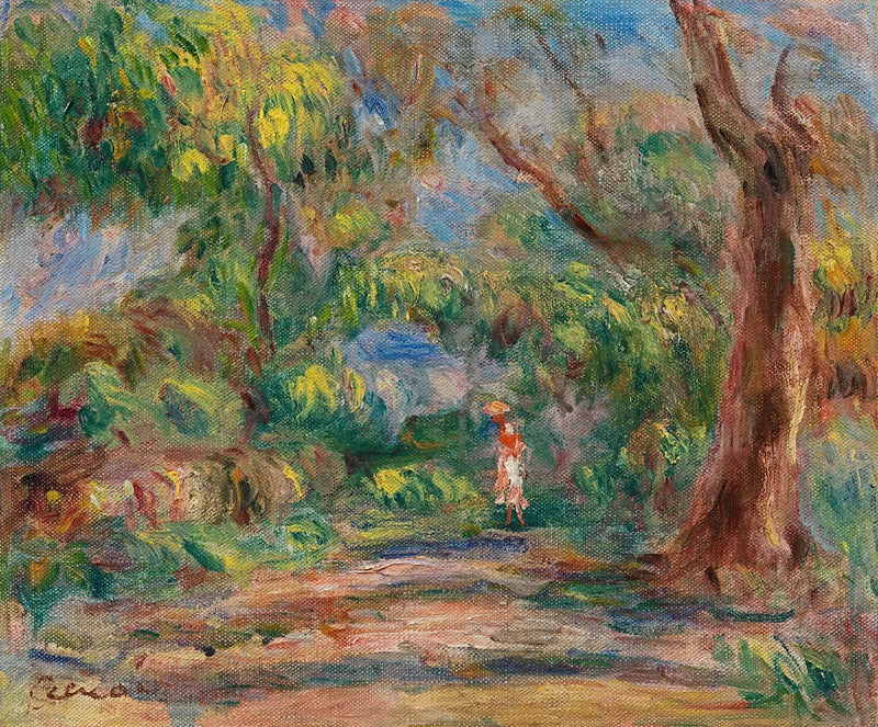 Paisaje, camino de granja con mujer en rojo y blanco - Pierre-Auguste Renoir