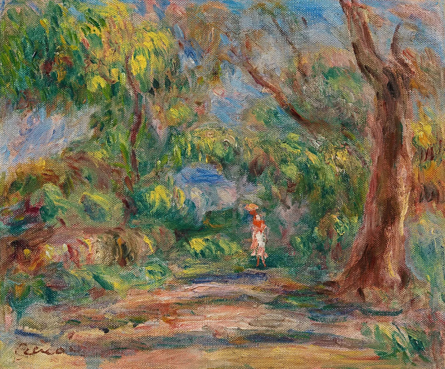 Paisaje, camino de granja con mujer en rojo y blanco - Pierre-Auguste Renoir