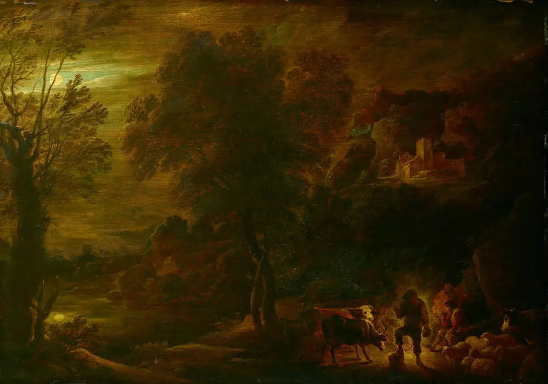 Paisaje con luz de luna con pastores junto al fuego - David Teniers el Joven
