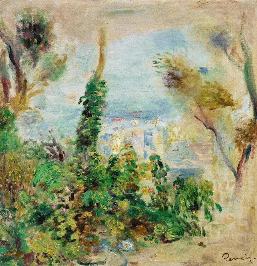 Paisaje, en primer plano flores trepadoras, al fondo casas - Pierre-Auguste Renoir