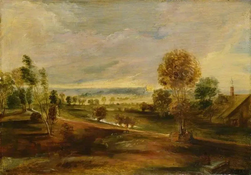 Paysage avec bâtiments agricoles au coucher du soleil - Peter Paul Rubens image 1 tableau peint à l’huile sur toile