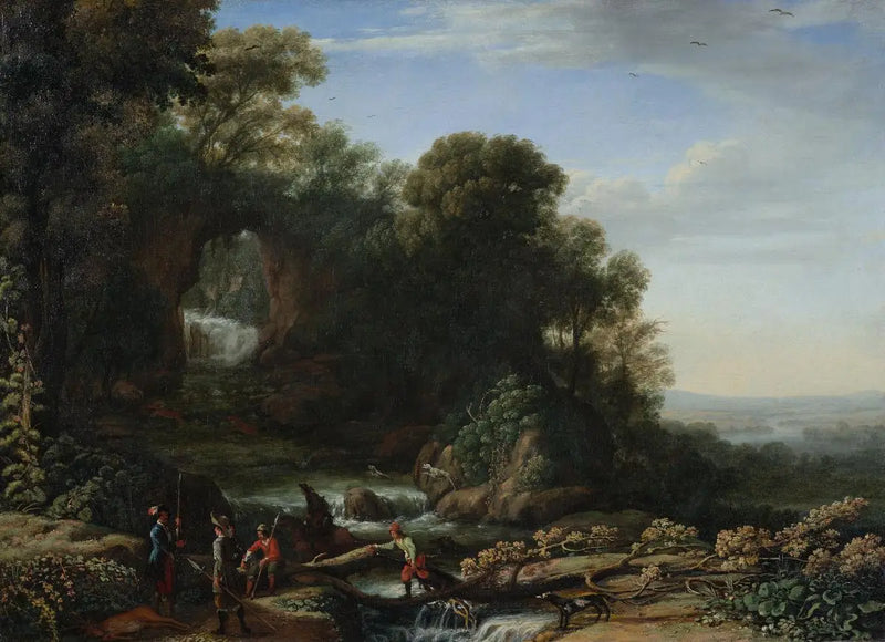 Paisaje con cascada y cazadores - Claude Lorrain