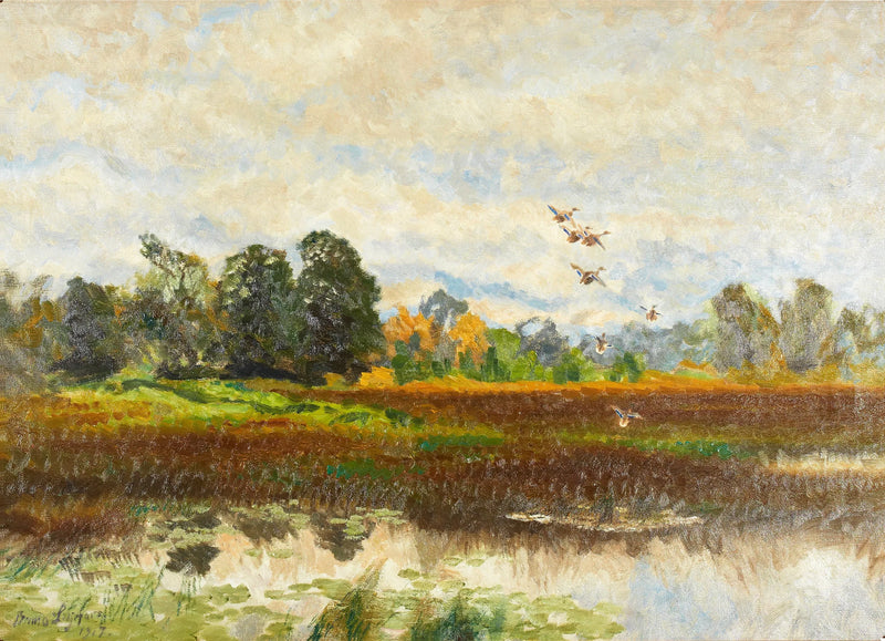 Paisaje con patos silvestres alzando el vuelo - Bruno Liljefors