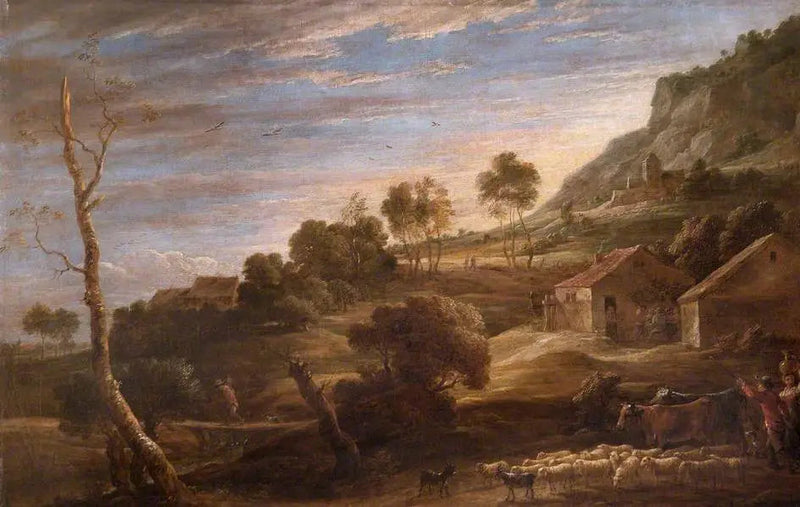 Paisaje con campesinos conduciendo ganado: Atardecer - David Teniers el Joven