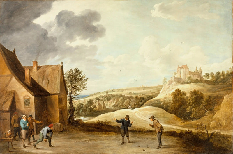 Paisaje con campesinos jugando a las bochas frente a una posada - David Teniers el Joven