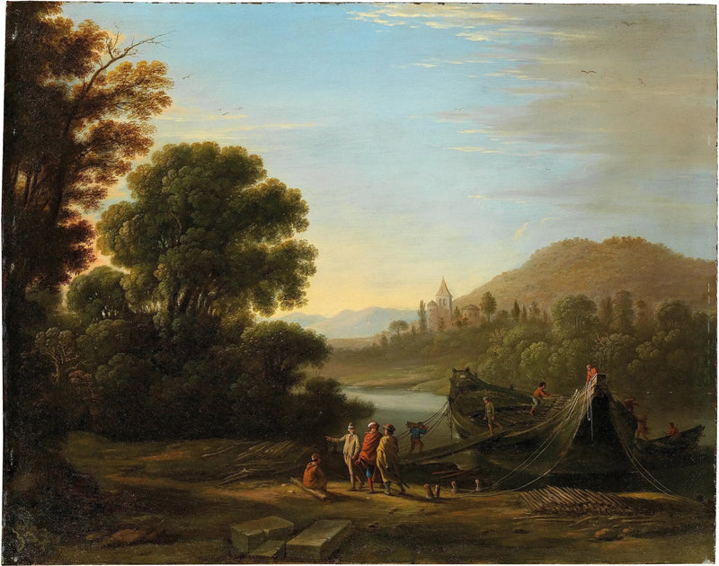 Paisaje con personajes cargando leña en un barco - Claude Lorrain