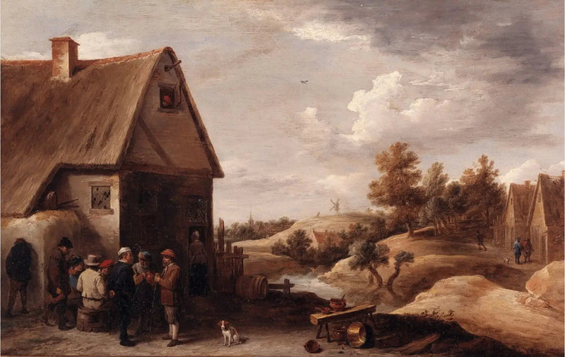 Paisaje con personajes frente a una casa con techo de paja - David Teniers el Joven
