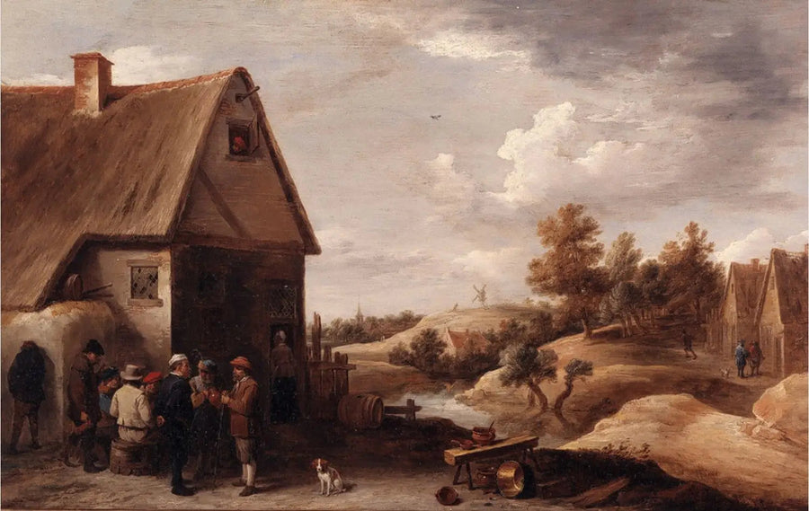Paisaje con personajes frente a una casa con techo de paja - David Teniers el Joven