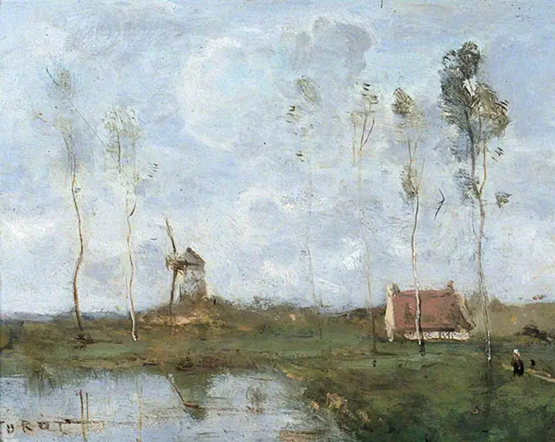Paisaje con una cabaña y un molino de viento - Jean-Baptiste Camille Corot