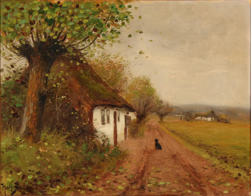 Paisaje con un perro esperando en un camino rural - H. A. Brendekilde