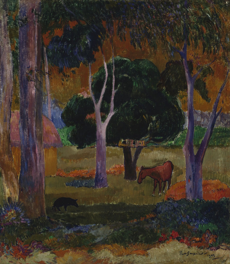 Paisaje con un cerdo y un caballo - Paul Gauguin