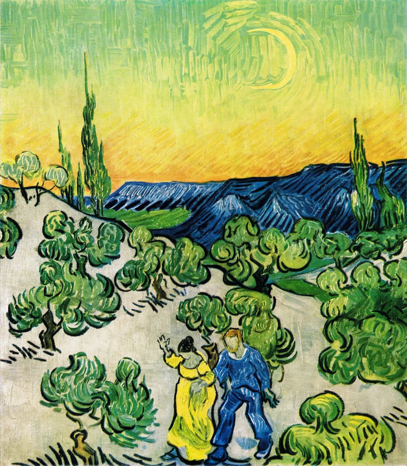 Paisaje con una pareja caminando y una luna creciente - Vincent van Gogh