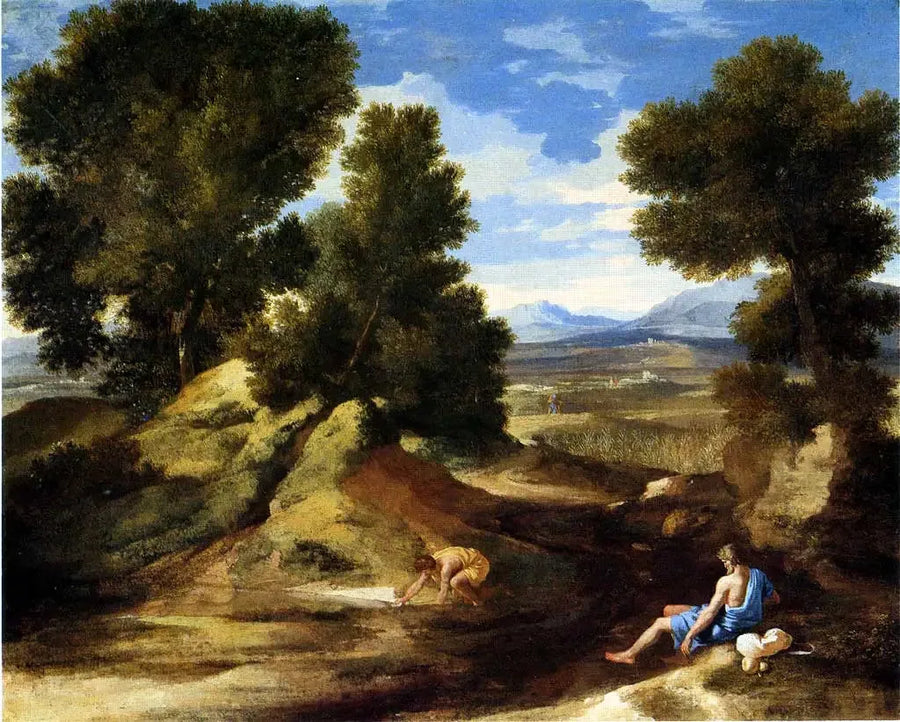 Paisaje con un hombre bebiendo - Nicolas Poussin