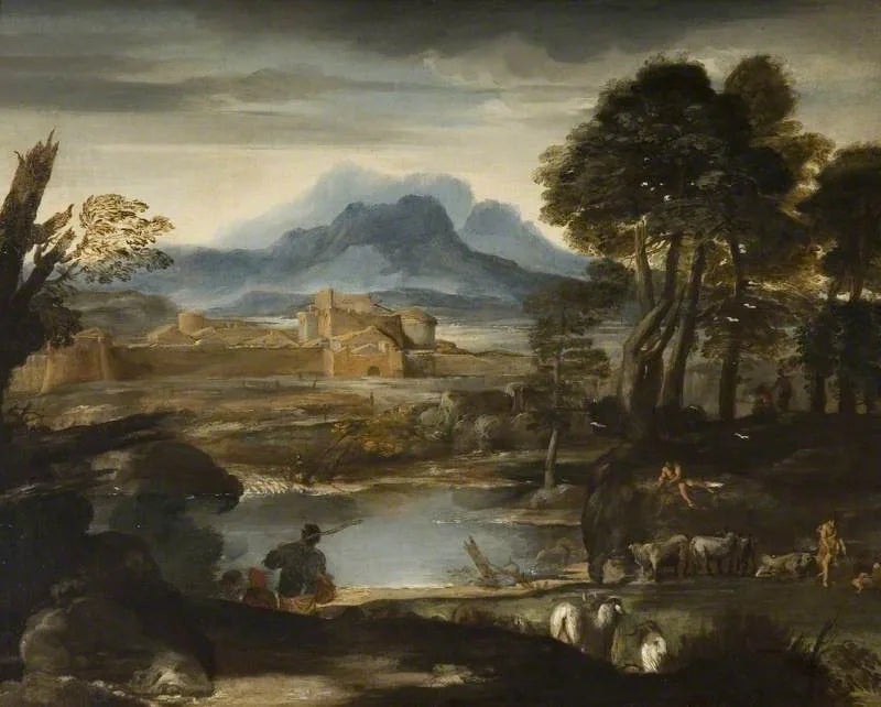 Paisaje con un lago y una ciudad fortificada - Pietro da Cortona