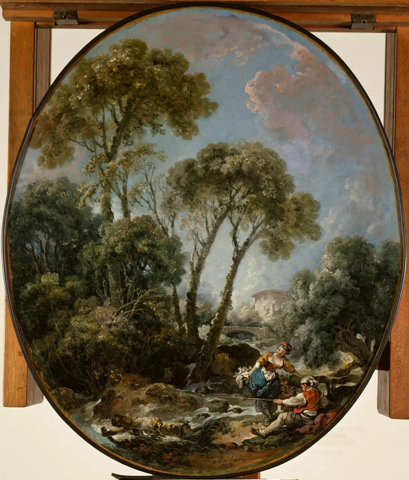 Paisaje con un pescador y una joven mujer - François Boucher