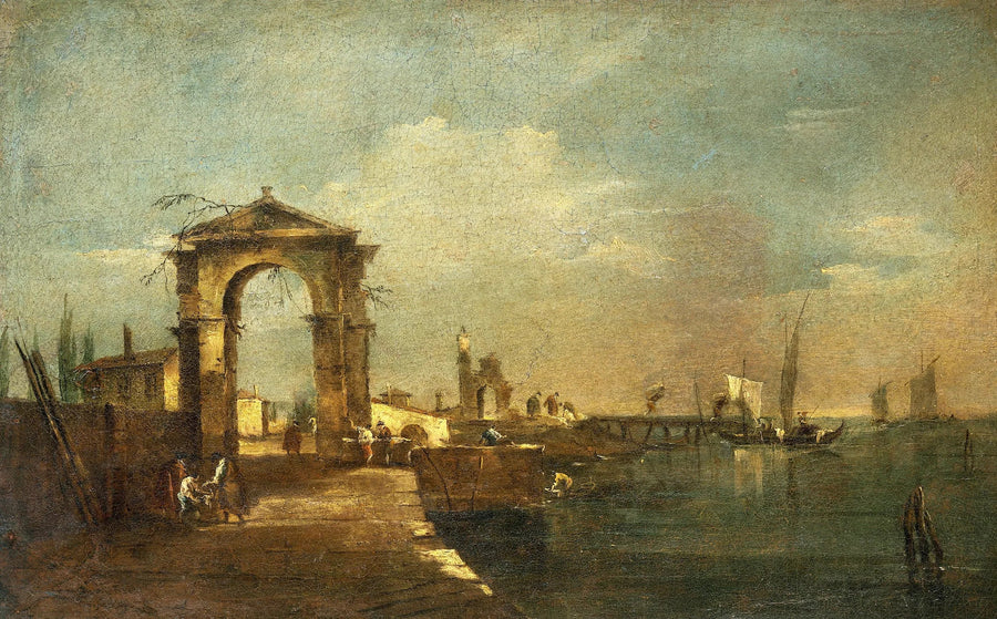 Paisaje con un muelle y barcos en un lago - Francesco Guardi