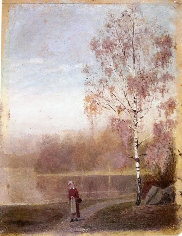 Paisaje con una mujer caminando a lo largo de un lago - Edvard Munch