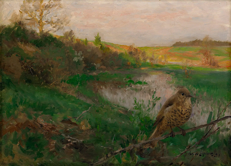 Paisaje con un zorzal común al borde del agua - Bruno Liljefors
