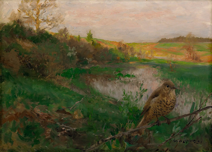 Paisaje con un zorzal común al borde del agua - Bruno Liljefors