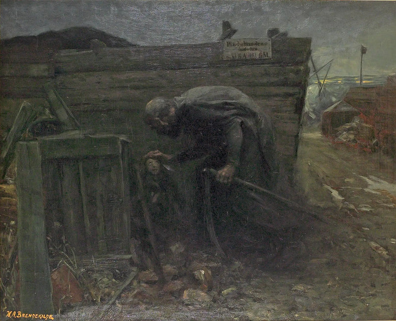 Paisaje con una pobre niña por la noche. - H. A. Brendekilde