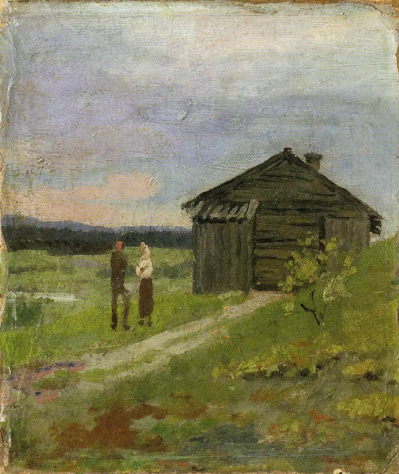 Paisaje con una pequeña casa y dos personas - Edvard Munch