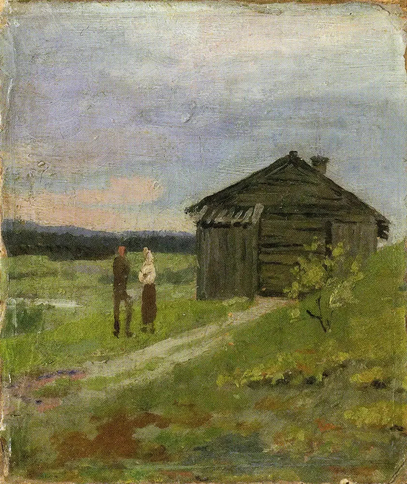 Paisaje con una pequeña casa y dos personas - Edvard Munch