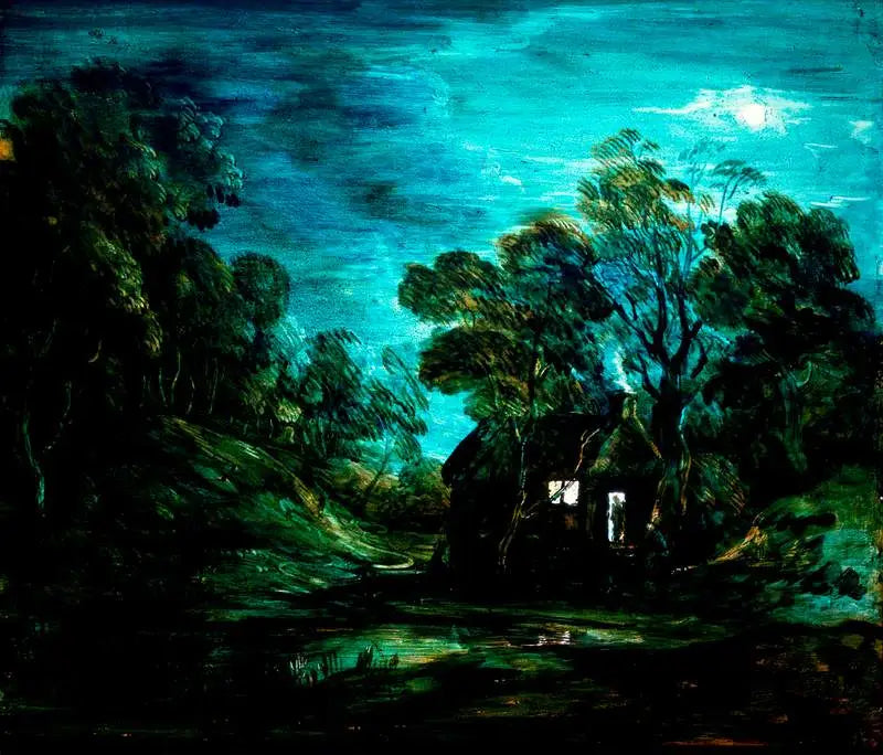 Paisaje boscoso con luz de luna, con una piscina y una silueta en la puerta de una cabaña - Thomas Gainsborough