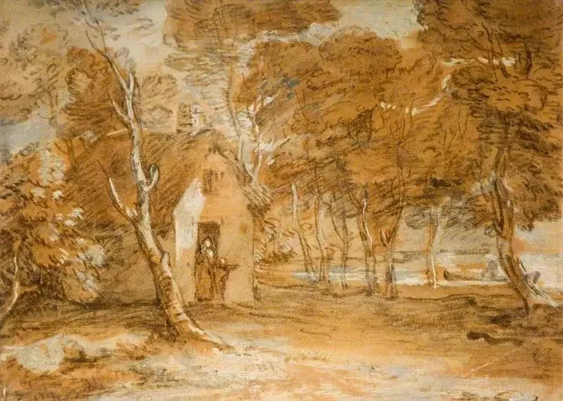 Paisaje boscoso con cabaña, personajes y barco en un lago - Thomas Gainsborough