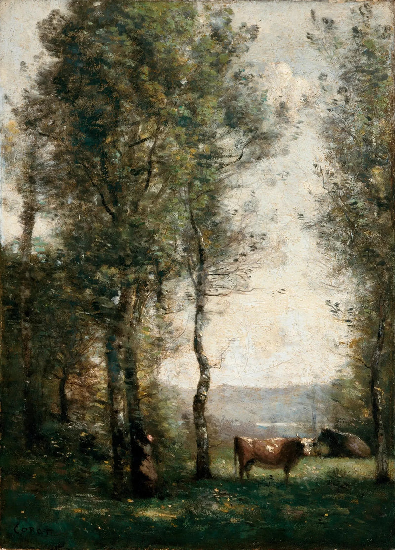 Paisaje boscoso con vacas en un claro - Jean-Baptiste Camille Corot