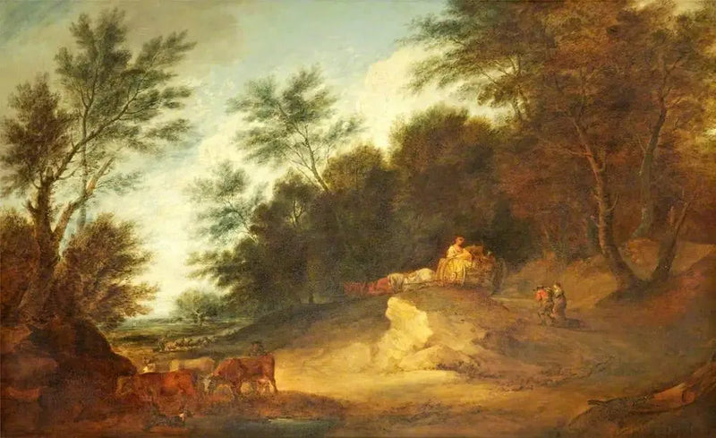 Paisaje boscoso con personajes en un carro de campo y ganado - Thomas Gainsborough