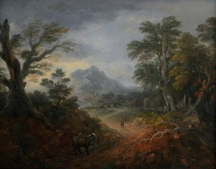 Paisaje boscoso con personajes, puente, burros, edificios a lo lejos y montaña - Thomas Gainsborough