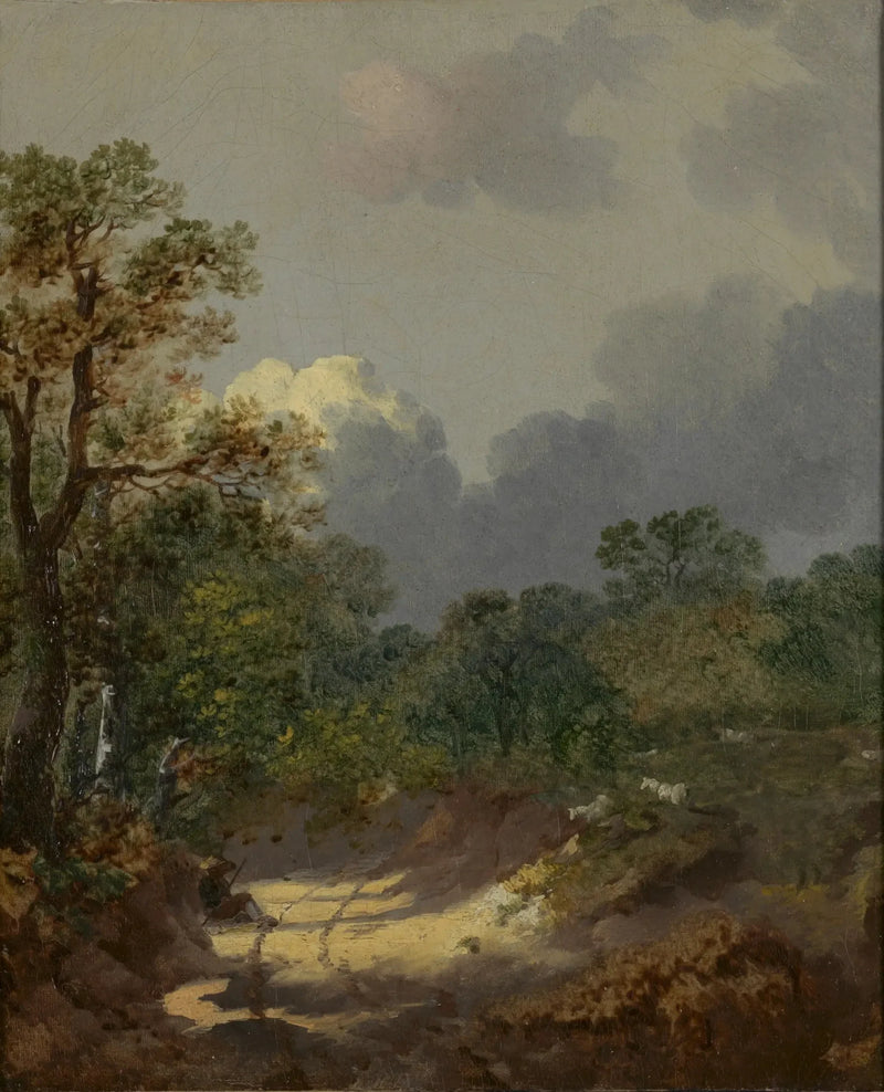 Paisaje boscoso con un pastor descansando en un camino soleado con ovejas - Thomas Gainsborough