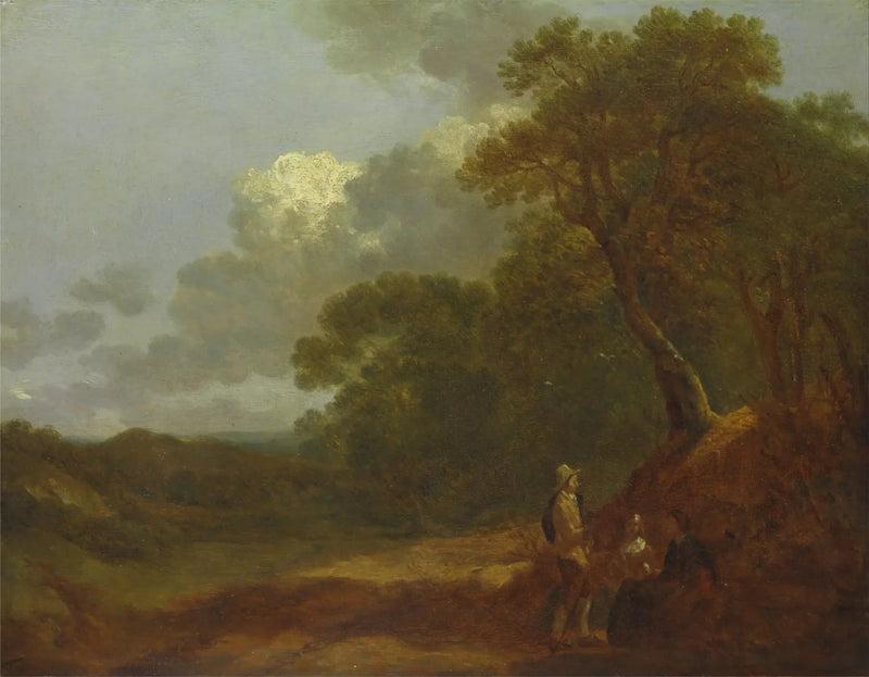 Paisaje boscoso con un hombre hablando con dos mujeres sentadas - Thomas Gainsborough