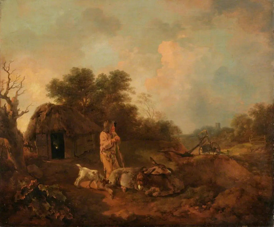 Paisaje boscoso con un viejo campesino y burros fuera de un granero, un arado y una iglesia a lo lejos - Thomas Gainsborough