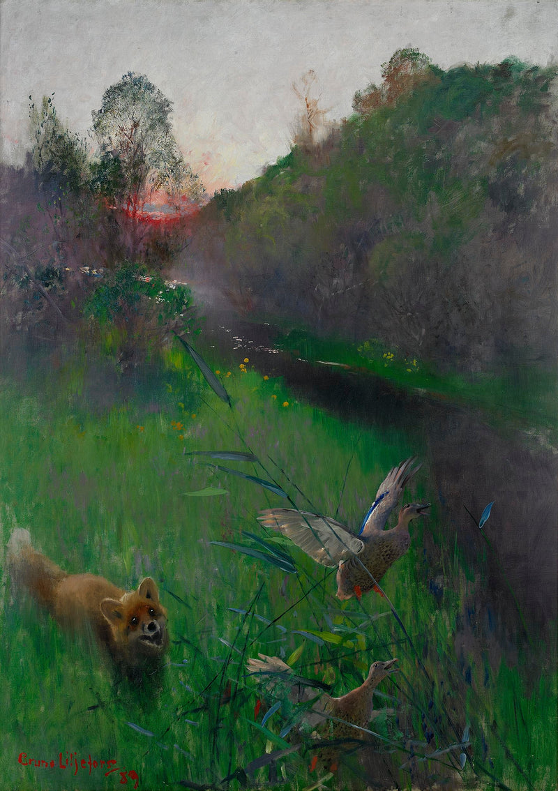 Paisaje vespertino con zorros y aves marinas - Bruno Liljefors