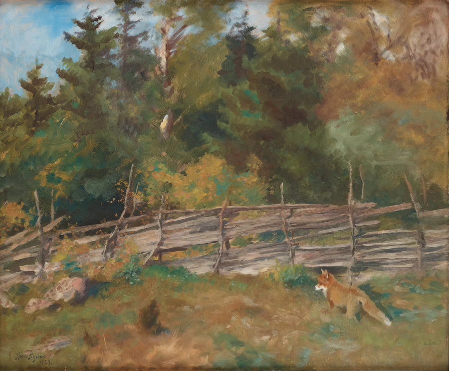Paisaje de verano con un zorro cerca de una valla redonda - Bruno Liljefors