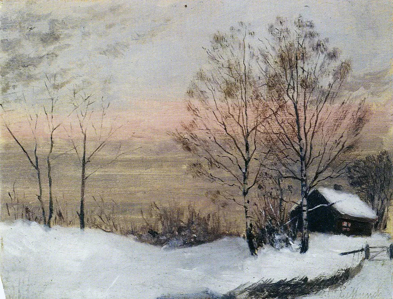 Paisaje de invierno con casa y cielo rojo - Edvard Munch