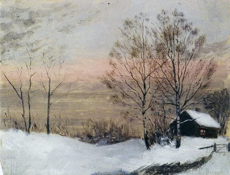 Paisaje de invierno con casa y cielo rojo - Edvard Munch