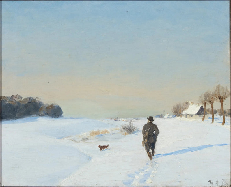 Paisaje de invierno con un cazador y su perro en un día soleado - H. A. Brendekilde