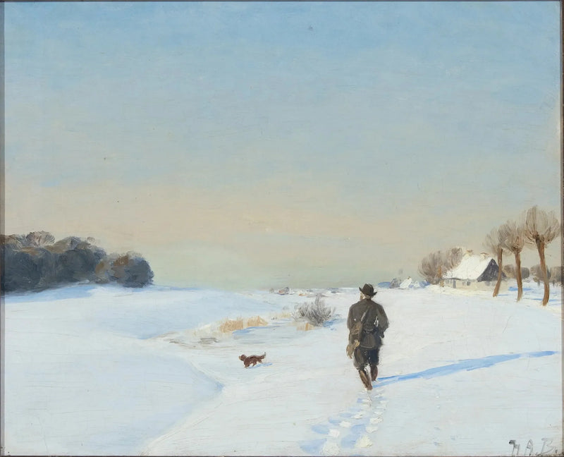 Paisaje de invierno con un cazador y su perro en un día soleado - H. A. Brendekilde