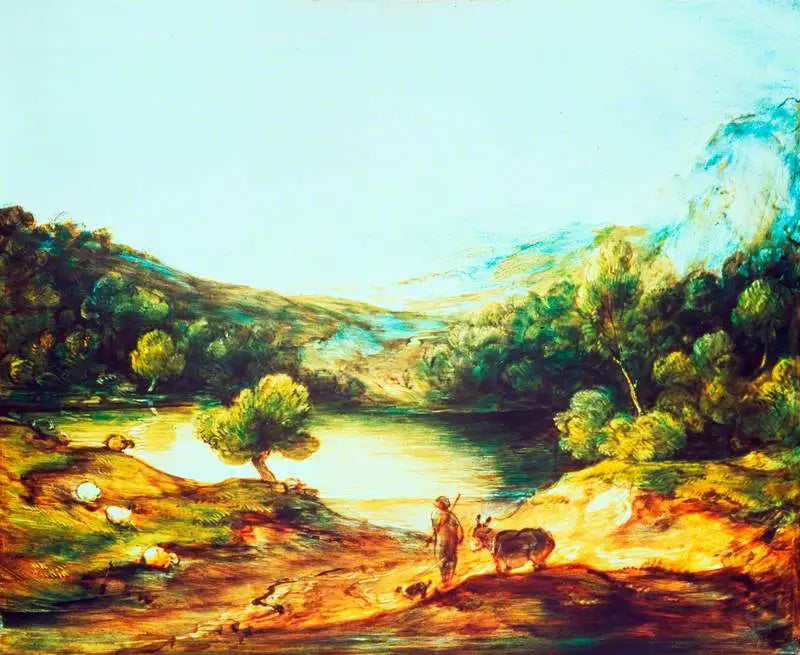 Paisaje de tierras altas boscosas con un pastor, un burro y ovejas dispersas, un lago y un pueblo y colinas a lo lejos - Thomas Gainsborough
